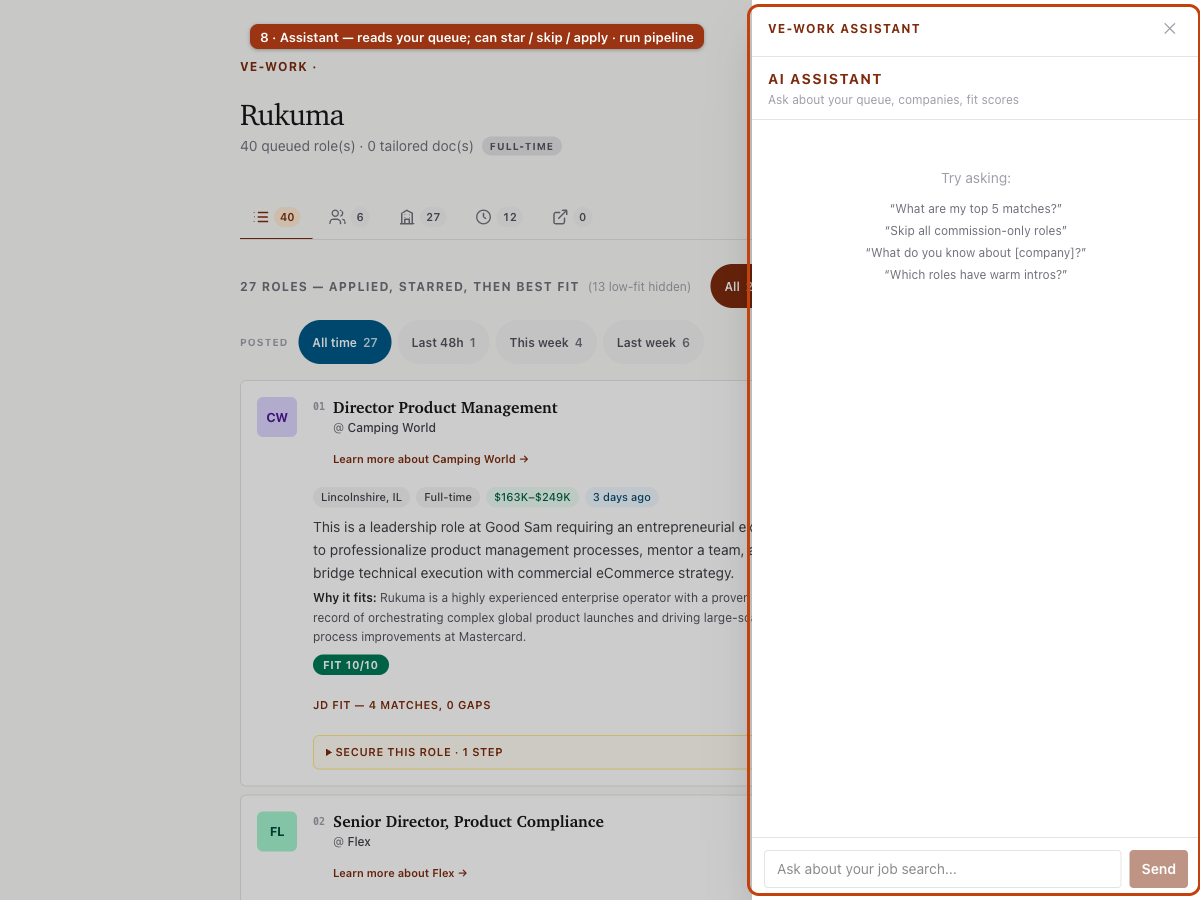 ve-work Assistant slide-out panel with suggested prompts